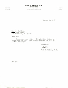 Correspondence from Paul Walker to Lou Sullivan (August 12, 1986)