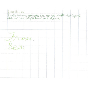 Letter wishing for Bostonʻs recovery, sent by a student at the International School of Kenya