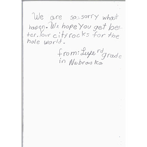 Card from a third grader at North Park Elementary School (NE)
