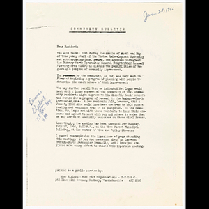 Letter to community members about Roxbury-North Dorchester renewal program meeting with Mr. Logue on July 12, 1966