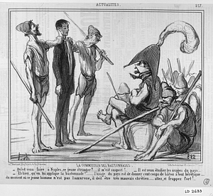 La COMMISSION DES BASTONNADES. - Qu'est venu faire à Naples, ce jeune étranger?.... il m'est suspect!... - Il est venu étudier les usages du pays. - Eh bien, qu'on lui applique la bastonnade!..... l'usage du pays est de donner cent coups de bâton à tout hérétique..... du moment où ce jeune homme n'est pas lazzarone, il doit être très mauvais chrétien.... allez, et frappez fort!...