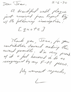Correspondence from Lou Sullivan to Jean Aarle (February 6, 1990)