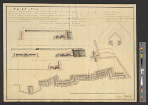Plan (no. 5) shewing the half bastion C with its foundations and the rampart towards the river side, as far as the loop-hole wall beginning at E in plan (no. 3) with it's casemates and profils cut by the yellow lines thro' the work