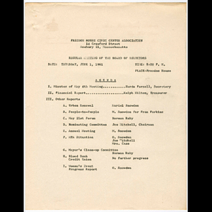 Agenda for board of directors meeting held June 1, 1961