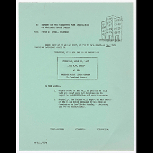 Letter from Byron Angel to Washington Park Association of Apartment House Owners (WAPAAHO) about meeting to be held June 16, 1965 at Freedom House Civic Center