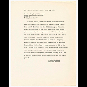 Letter from Otto Snowden to Hale Champion about closing of Boston Redevelopment Authority (BRA) site office in Washington Park