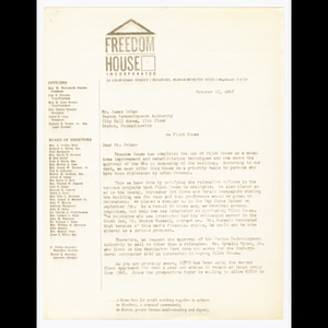 Letter from O. Phillip Snowden to Mr. James Dolan about the sale of Pilot House and agreement with Boston Redevelopment Authority (BRA) about the sale