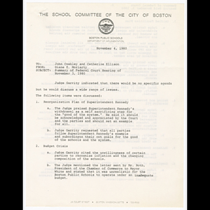 Memorandum from Diane E. Moriarty to John Coakley and Catherine Ellison about federal court hearing held November 3, 1980