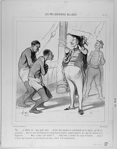 - Yes..... je délivré vô... bon petits noirs.... vô être emmenés en servioutoude par le négrier, qui été un polissonne... mais vô venir avec biaucoup de satisfactionne travailler pendant quatorze ans dans les colonies de la Angleterre... - Mais si nous li pas vouloir?... - Alors vous li recevoir des coups de bambou.... jusqu'à ce qu'on voyé travailler vô avec biaucoup de bonne volonté et de satisfactionne!....