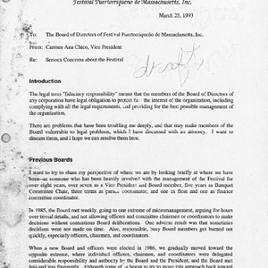 Draft of memorandum from Carmen Ana Chico to Festival Puertorriqueño de Massachusetts, Inc. Board of Directors, containing the 1993 Festival report