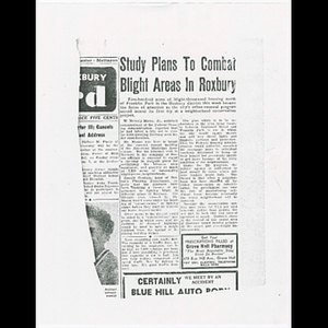 Photocopy of newspaper clipping of article Study plans to combat blight areas in Roxbury