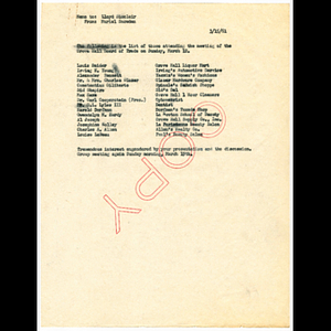 Copy memorandum from Muriel Snowden to Lloyd Sinclair concerning attendance list of Grove Hall Board of Trade meeting held March 12, 1961