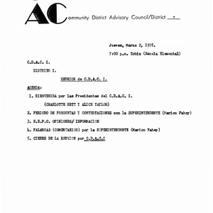 Agenda for meeting of Community District Advisory Council, District I on March 2, 1978