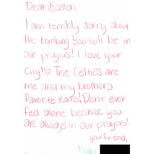 Card to Boston by a child from First Baptist Church (Savoy, Texas)