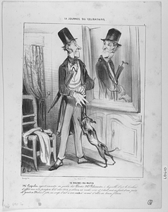 10 HEURES DU MATIN. Mr. Coqueles ayant rencontré au jardin des Plantes Mlle Palissandre à laquelle il eût le bonheur d'offrir une rose pompon le 1er mai 1804, a obtenu un rendez vous, et s'etant mais en frais d'une paire de gants a 29 sous, il jette un coup d'oeil à son miroir avant d'aller en bonne fortune.