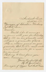 Letter to Amos Alonzo Stagg from Massachusetts Agricultural College Football Team, September 22, 1891