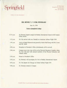 Dr. Henry Fok itinerary for June 16, 1994 visit to Springfield College