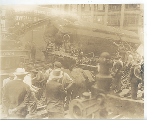 Beach Street Station accident, view from tracks of cars and crane