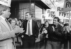 Mayor Raymond L. Flynn and Chief of Staff Robert Consalvo with campaign supporters