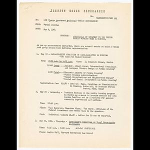 Memorandum from Muriel Snowden to Large Apartment Building (LAB) Owners Association about activities of interest during public housing week in Boston