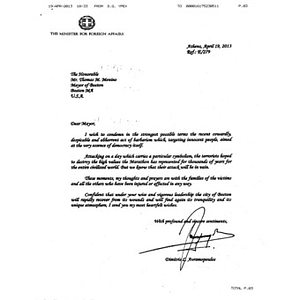 Letter to Boston Mayor Thomas Menino from the Minister of Foreign Affairs of Greece