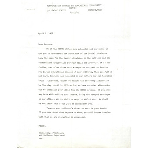 Letter, METCO parents, April 2, 1974.
