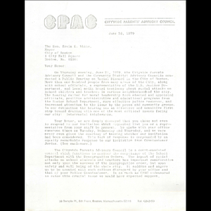 Letter, Mayor Kevin White, June 28, 1979.