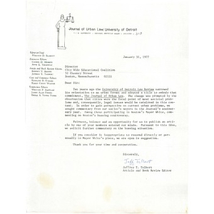 Letter to Citywide Educational Coalition from University of Detroit Journal of Urban Law, January 1, 1977.