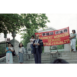 Speaker at a garment workers demonstration