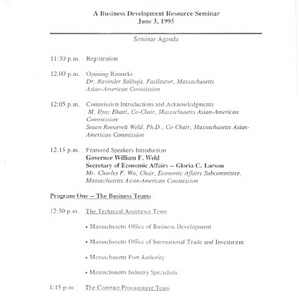 Agenda for a business development resource seminar, hosted by the Asian-American Commission Sponsors
