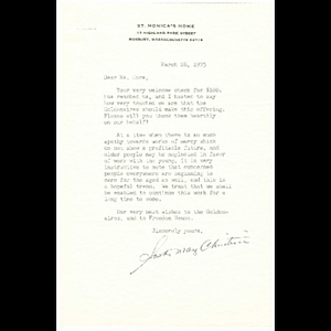 Letter from St. Monica's Home to Ruth Gore thanking Goldenaires for donation