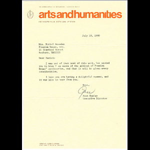 Letter from Anne Hawley, Executive Director of the Commonwealth of Massachusetts Council on the Arts and Humanities to Muriel Snowden, acknowledging Freedom House's application