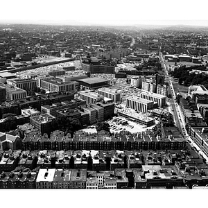 Aerial view of Northeastern's main campus on Huntington Ave