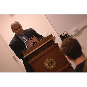 Ed Klotzbier speaking at a meeting of the Student Senate