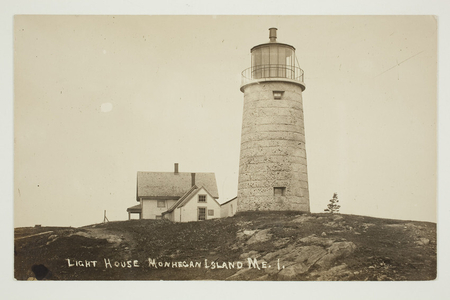 Postcard, Monhegan Island Lighthouse with house and smaller buildings, Monhegan Island, Maine