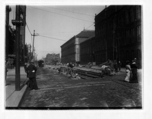 Track laying on Boylston Street, corner of Exeter Street, looking east, Boston, Mass.