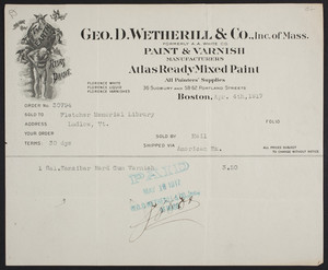 Billhead for Geo. D. Wetherill & Co., Inc. of Mass., paint & varnish, 36 Sudbury and 58-62 Portland Streets, Boston, Mass., dated April 4, 1917