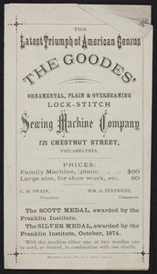 Brochure for The Goodes' Sewing Machine Company, 721 Chestnut Street, Philadelphia, Pennsylvania, 1874-1875
