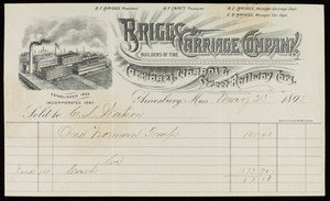 Billhead for Briggs Carriage Company, builders of fine carriages, wagons & street railway cars, Amesbury, Mass., dated May 23, 1895