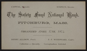 Trade card for The Safety Fund National Bank, Fitchburg, Mass., 1874