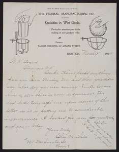 Letterhead for The Federal Manufacturing Company, specialties in wire goods, Badger Building, 537 Albany Street, Boston, Mass., dated March 3, 1903