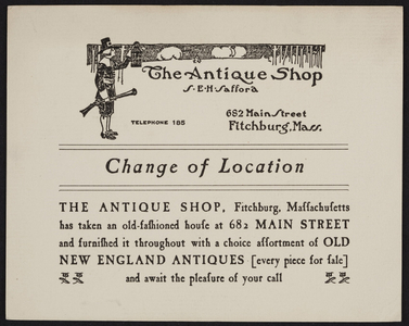 Trade card for The Antique Shop, 682 Main Street, Fitchburg, Mass., undated