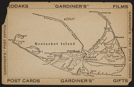Trade card for Gardiner's, Post Office Corner, Nantucket, Mass., undated