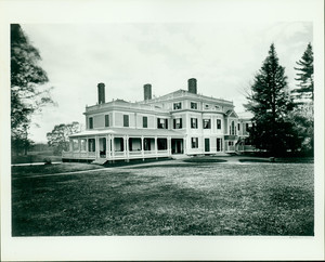 Oblique exterior view of the Lyman Estate, Waltham, Mass., facing porch.