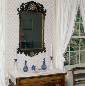 Twin bed chamber, blue glass and mirror, Hamilton House, South Berwick, Maine