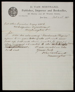 D. Van Nostrand to Thomas Lincoln Casey, February 24, 1872