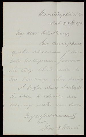 John H. Elliott to Thomas Lincoln Casey, October 29, 1878