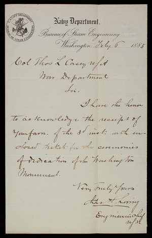 [Charles] H. Loring to Thomas Lincoln Casey, February 6, 1885