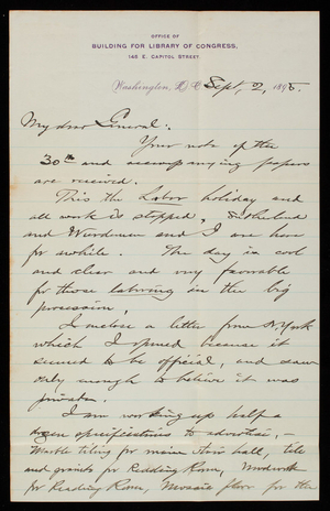 Bernard R. Green to Thomas Lincoln Casey, September 2, 1895