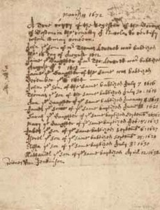 Register of baptisms of the children of Thomas Leverett (including John Leverett), 18 March 1672